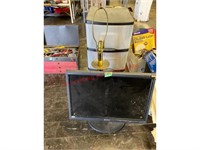 Storage Unit W/ Wheels, Brass Lamp & monitor