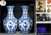 Pair Chinese Blue And White Hexagonal Vases