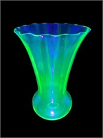 Uranium Vaseline Glass large ruffled rim vase