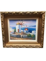 Original oil on canvas signed art seaside windmill