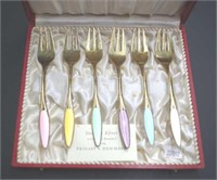 Cased set of six Danish silver & enamel cake forks