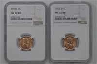 2- Lincoln Head Cents Graded (1955-D, 1955-S)