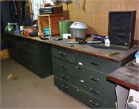 12' workbench with 3 steel cabinets, miscellaneous