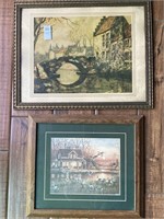 2-framed prints: cabin w/ geese @ sunset, old