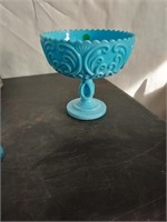 8x8in blue glass stemmed bowl