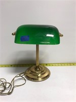 Vintage 70s Green Glass Brass Desk Lamp 16” tall
