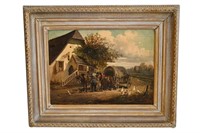 19th Century Oil of Musicians, Cows & Wagon Street