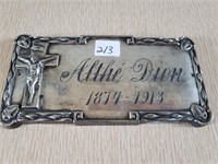 ANTIQUE METAL CASKET NAME PLATE 7X3.5 INCHES