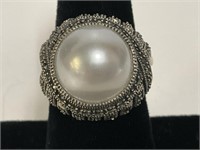 Sterling Pearl Marcasite Ring 11.3gr TW Sz 6