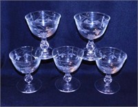 5 etched stemware glasses, 4.25" tall
