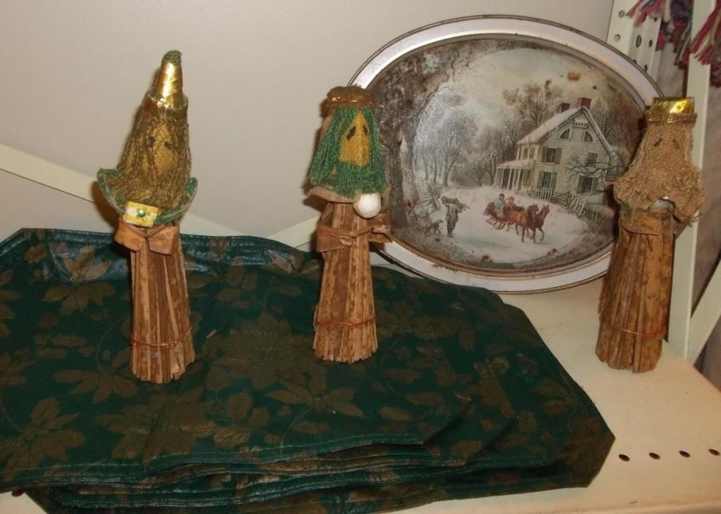 Currier & Ives Tray, Corn Husk Wisemen & Placemats