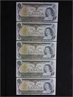 Five 1973 consecutive uncirculated Canada 1