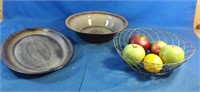 2 serving dishes with a bowl and artificial fruit