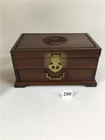 WOOD JEWELRY BOX WITH ORIENTAL BRASS TRIM HANDLES