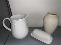 GIBSON PITCHER, COVERED BUTTER AND LENOX VASE