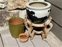 Two Ceramic Pots With Wooden Stand