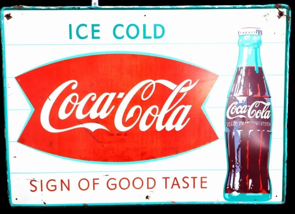 Vntg 27.5x19.75 metal Coca Cola fishtail adv sign