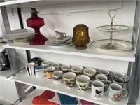 Mugs, misc dishes, antique oil lamp