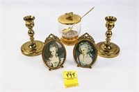 Brass Candle Sticks, Sugar Dish and Picture