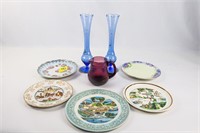 Crackle Glass Pitcher, 2 Blue Bud Vases and 5