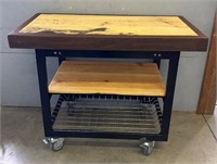 Wood Top BBQ Prep Cart w/ Two Shelves