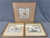 2 Framed Bird Paintings & Butterfly Stiching