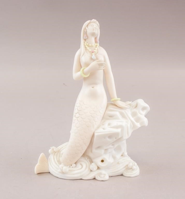 White Porcelain Carved Mermaid Sculpture w/ Mark