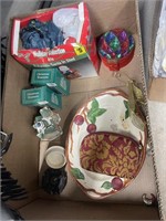 Box of Christmas Ornaments & China Plates