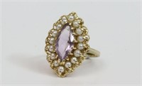 14K MARQUISE SHAPE AMETHYST & PEARL RING