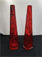(2) 15" red glass vases