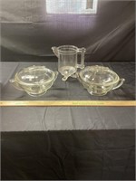 EAPG glass pitcher, unique Glassbake bowls