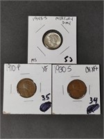 Mercury Dime, Antique 1910 Vintage 1930 Pennies