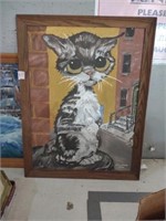Framed Cat painting signed D. Elmore 1970 20in x