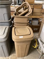 4 Brown Plastic Trash Cans