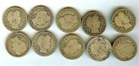 1893-1910 Barber 25c Nice Good 10pc Lot