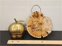 Tea time hanging sign and brass apple bell