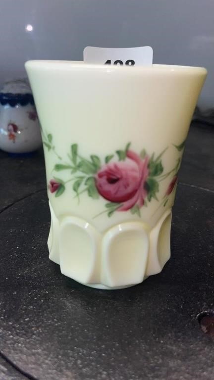 Rose pattern yellow milk glass cup