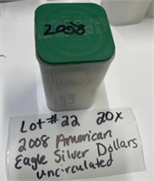 LOT#22) 20X 2008 AMERICAN EAGLE SILVER DOLLARS UNC