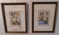 Pair of framed black and white ships lithographs