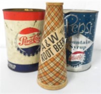Lot of 3,Pepsi Tins,A&W Rootbeer Cone