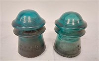 2 HEMINGRAY BLUE GLASS INSULATORS- NO. 15 WITH