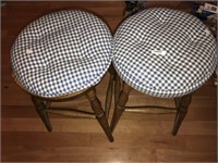 Lot 2 Wooden Stools with Gingham Pads