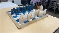 Hand carved Aztec onyx chess set and board. One