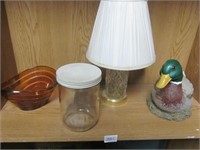 Shelf Lot-Amber Bowl,Old Jar,Glass Lamp & Duck