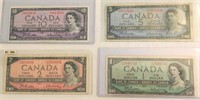 1954 Canadian banknotes w/ $10, 5, 2 & 1.