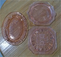 3 pcs Pink Depression Glass Footed Platters