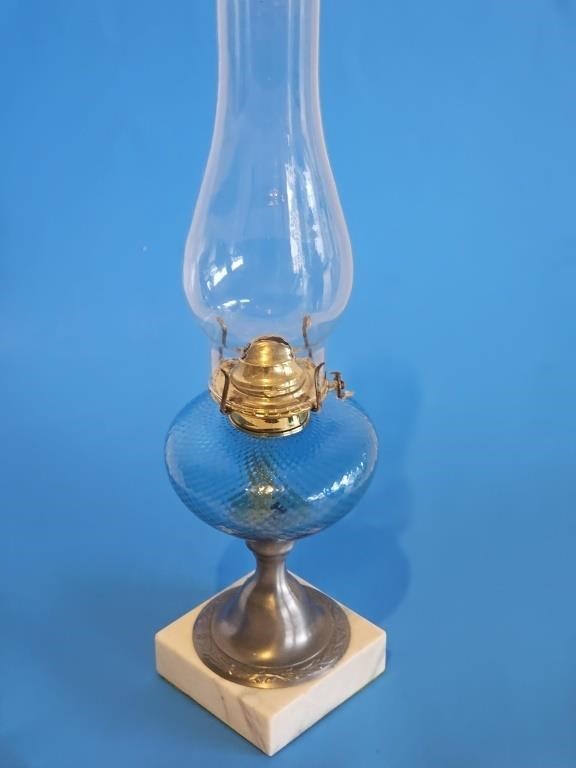 BEAUTIFUL COLBALT BLUE KEROCENE LAMP-MARBLE BASE