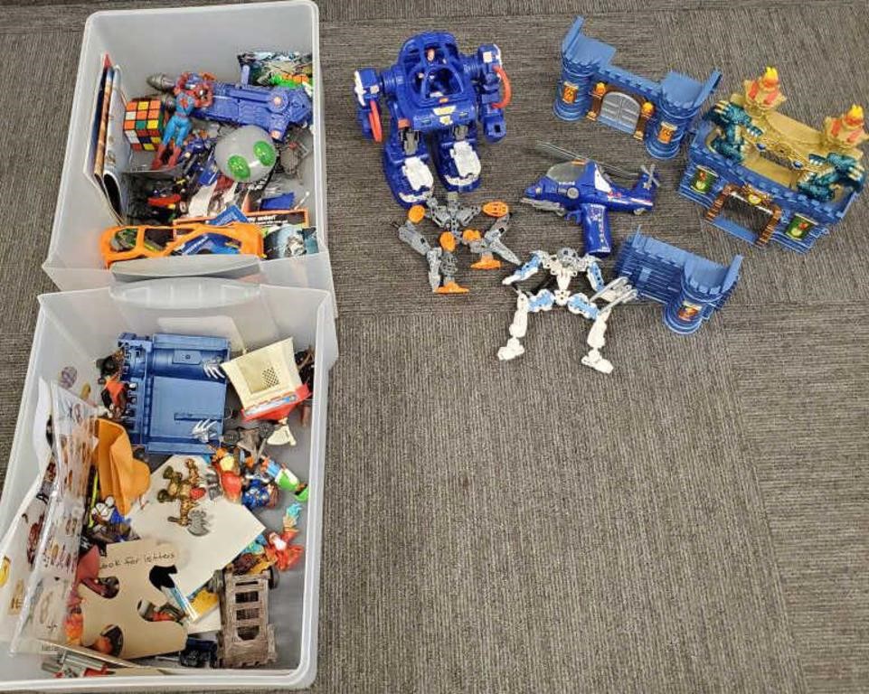 Group of action figure toys, etc.