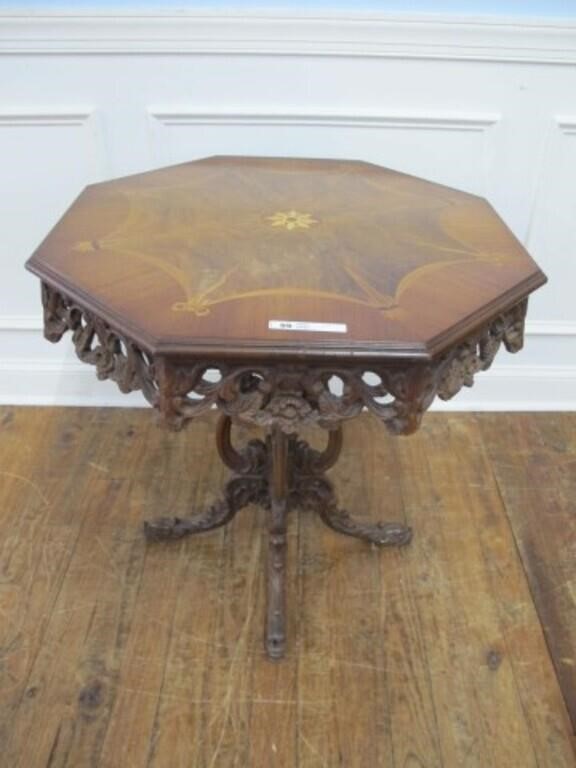BEAUTIFUL OCTAGON CARVED GALLERY TABLE 29 X 29 X30