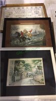 Group of 4 framed prints, and one framed cross